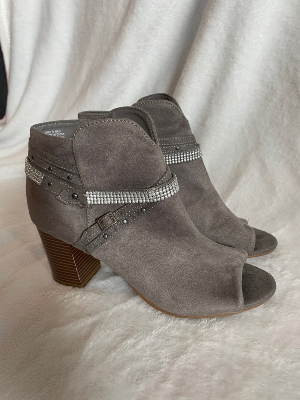 Kohl's Grey Suede Peep-Toe Rhinestone Ankle Booties